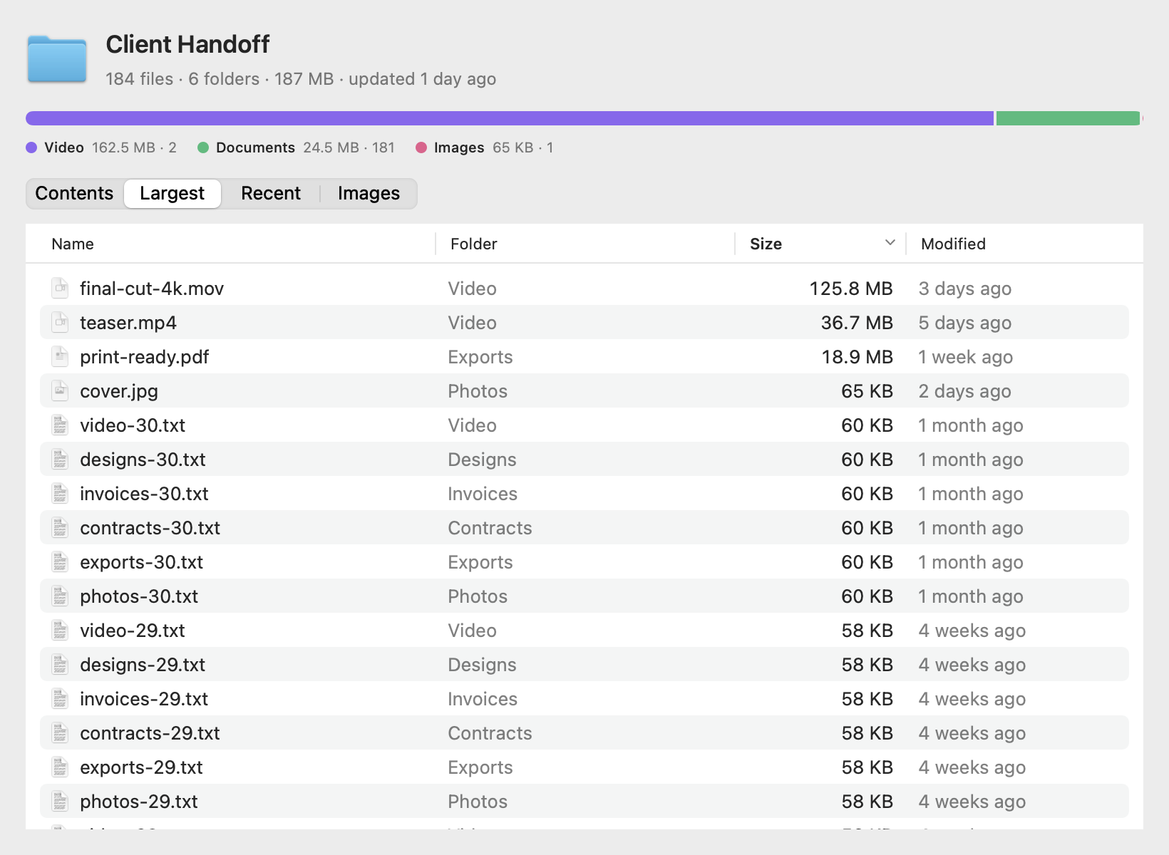 The Largest tab listing the biggest files across all subfolders