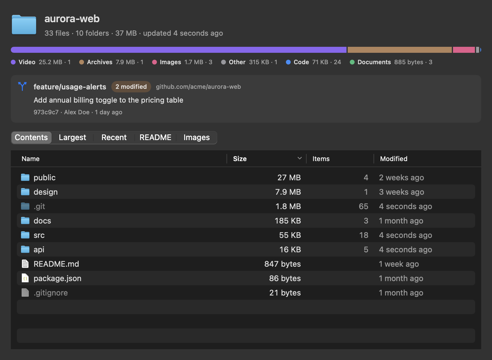 A code project in dark mode: type bar, git card and the Contents table sorted by size