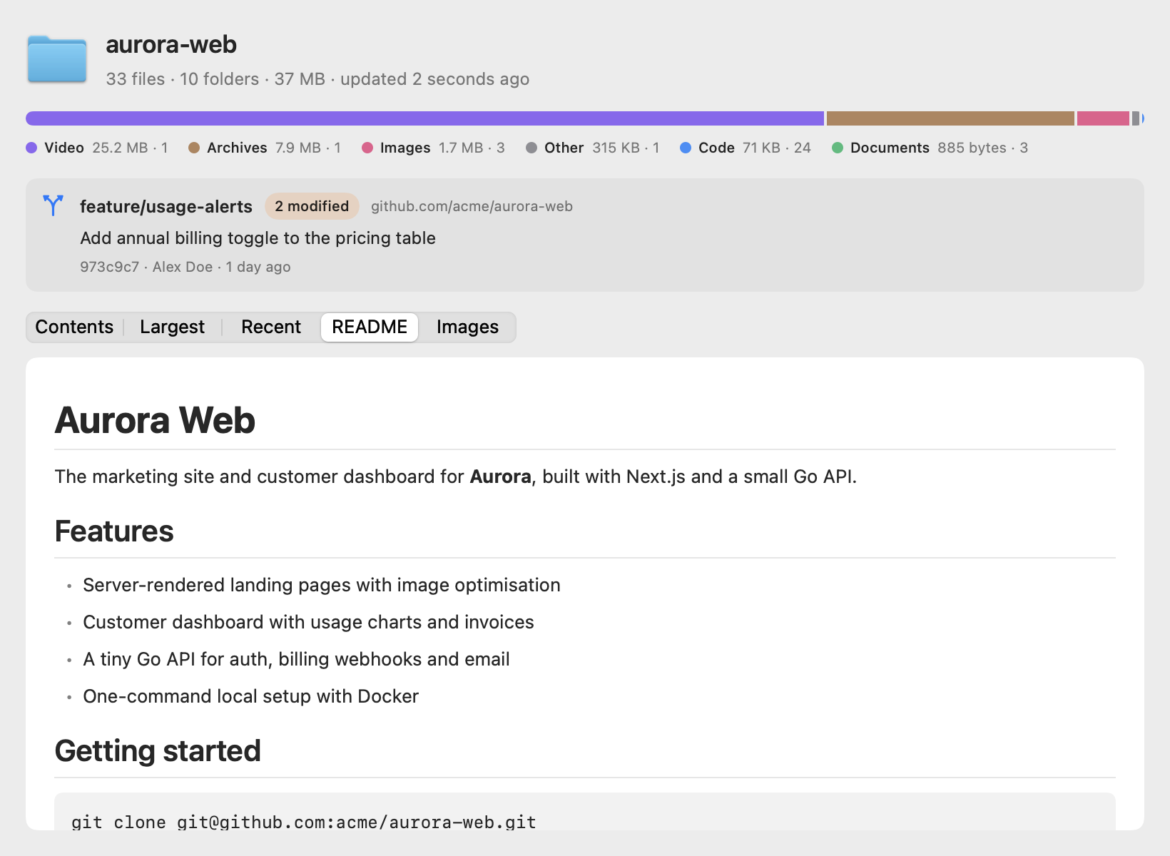 Folderglass previewing a code project: size and file-type bar, git branch with two modified files, last commit and the rendered README