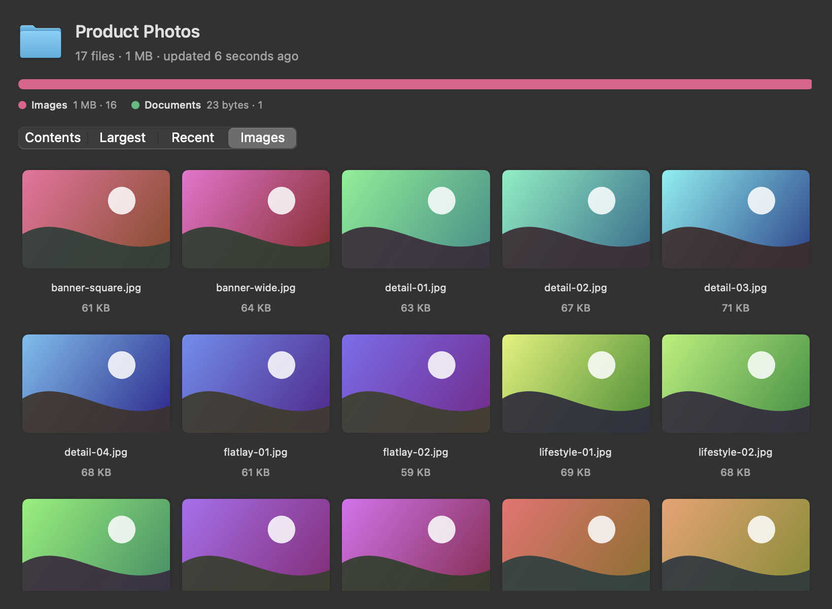 A folder of product photos shown as a thumbnail grid