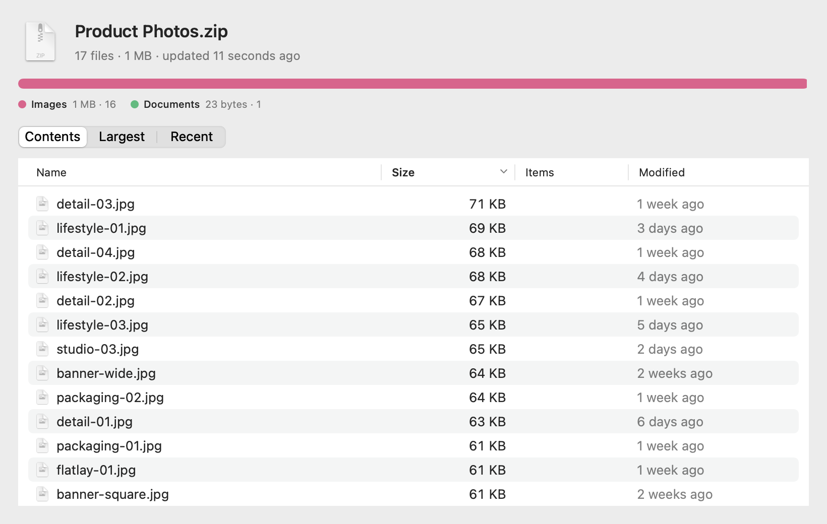 A zip archive previewed without extracting, listing its files and sizes